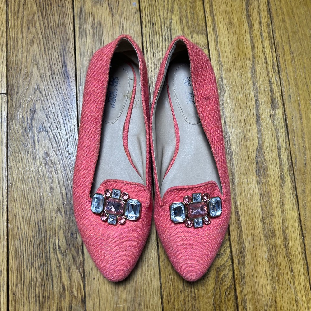 Cushion Walk by Avon Coral‎ Pink Tweed Jeweled Pointed Toe Flats Shoes Size 7